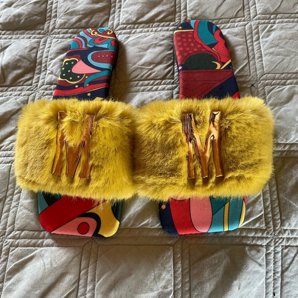 Yellow faux fur Slippers with Gold Accents
